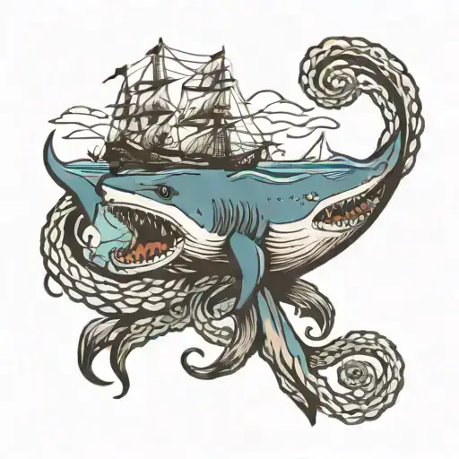 An Old School American Traditional Tattoo Of A Shipwreck Scene With A Shark And Octopus Intertwined