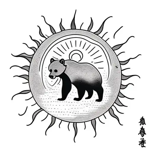 Sun With A Small Black Bear Climbing A Mountain