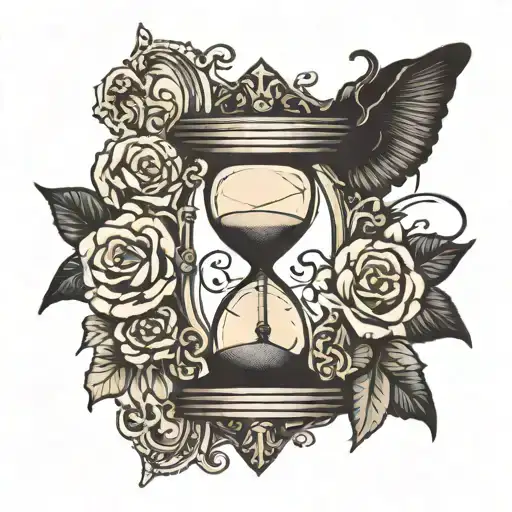 A Black Work Traditional Style Hourglass Inside Of A Gemini Symbol With A Skull At The Bottom
