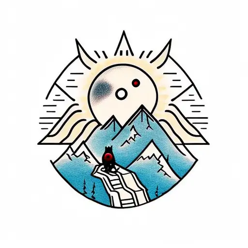 A Sun With A Small Black Bear Climbing A Mountain Inside