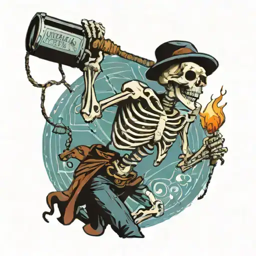 Skeleton Chasing A Bottle Of Potion That Is Attached To A Stick And String