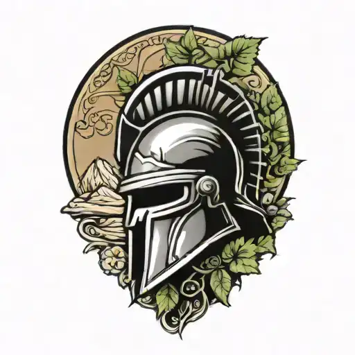 Spartan Helmet On Mountian With Grapvines Growing Down