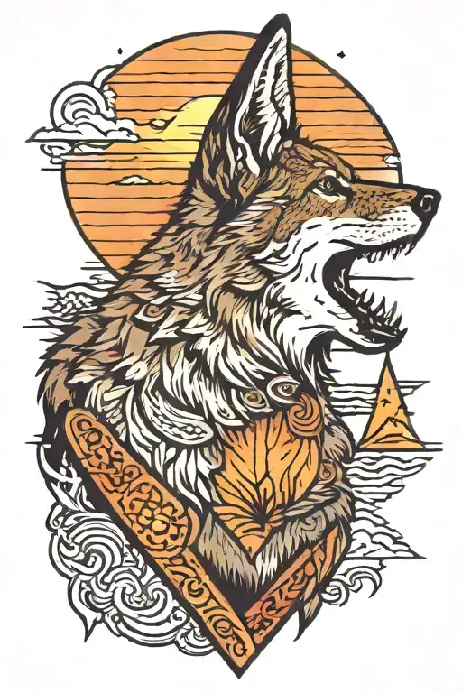 Coyote Howling With Sunset In Triangle In Color