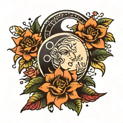 A Traditional Style Sun And Moon Surrounded By Blooming Flowers And Lush Greenery