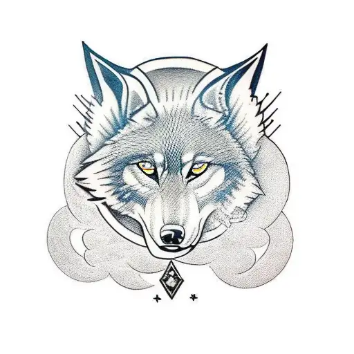 Full Sleeve With A Wolf And Diamonds And Daisies And Oni Mask Color