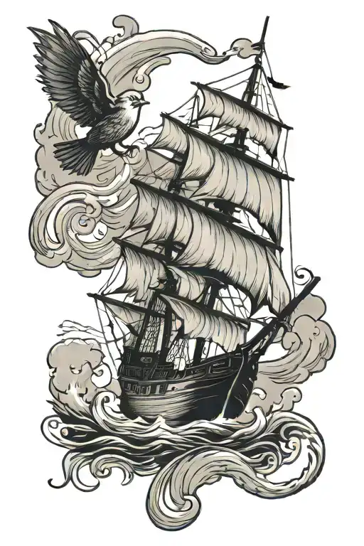 Ship Sailing Through Stormy Sea With An Anchor Off The Bow And A Sparrow Flying In The Sky