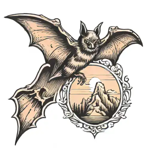Which Depicts Mountains And A Bat