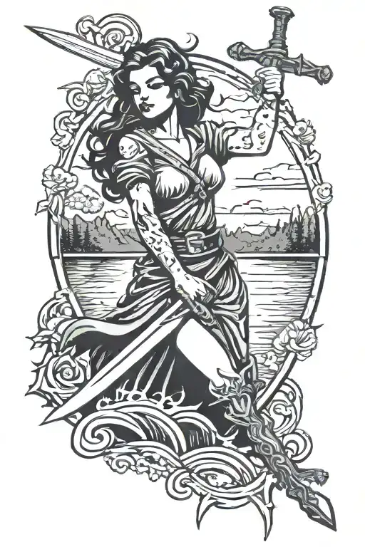 Woman's Arm Holding A Sword Rising From Lake