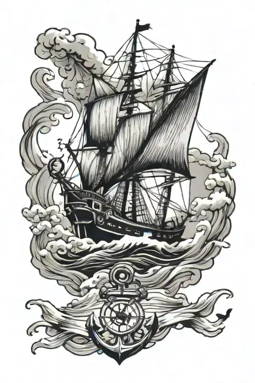Ship Sailing Through Stormy Sea With An Anchor Off The Side And A Sparrow Flying In The Sky