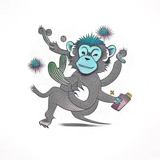 A Playful Illustration Of A Monkey Swinging On A Cactus In A Desert