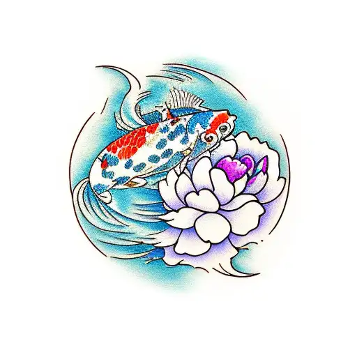 Koi Fish Waves And Peonies Flowers