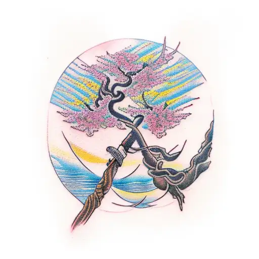 Flaming Cherry Blossom Tree With Spiral Trunk