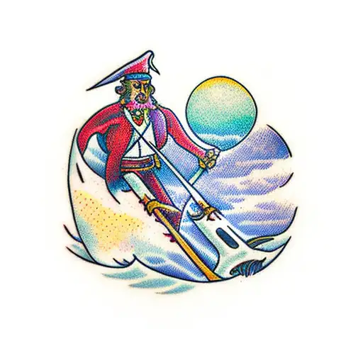 A Pied Piper Leading Humans Towards A Sunset With His Flute