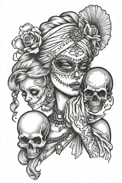 Blonde Blindfolded Gypsy Girl Side Profil With Crystal Ball With A Skull Inside