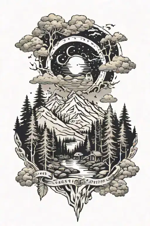 Forest That Fades Into The Mountains Then Night Sky And Heavens Gates