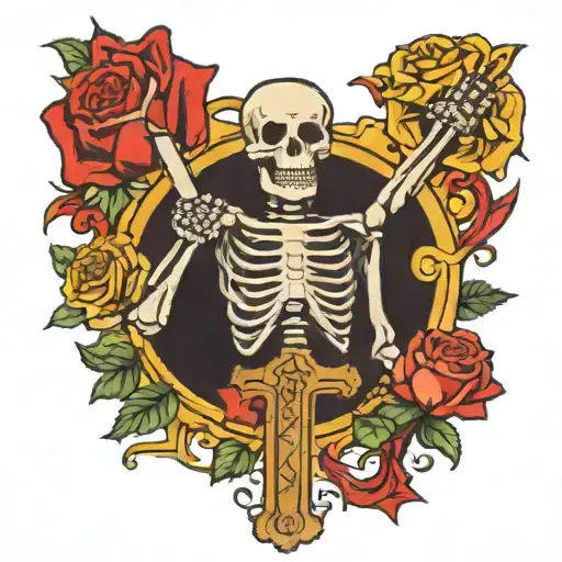 Skeleton Holding An Cross With Rosses In His Body