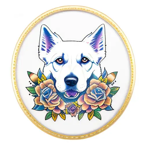 White Dog In Oval Gold Picture Frame Covered In Flowers