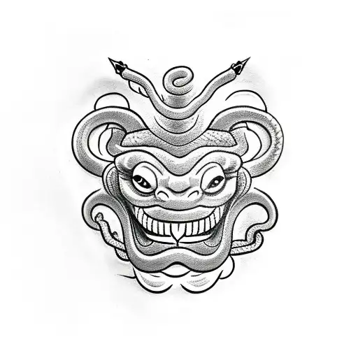 A Snake Coiling Around An Oni Mask