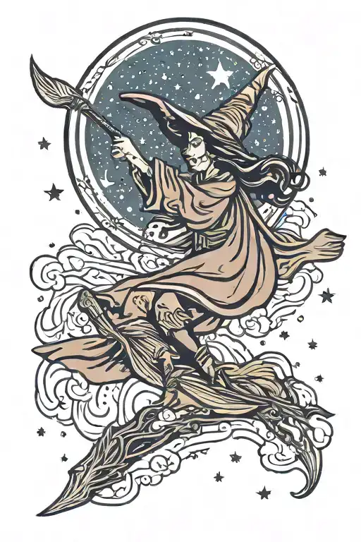 A Traditional Style Tattoo Of A Witch Flying On A Broomstick Through A Starry Sky
