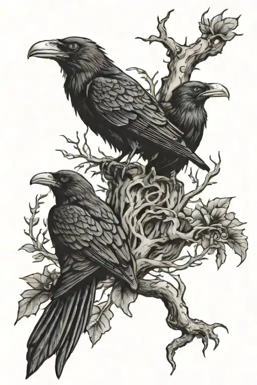Huginn And Muninn Perched On Yggdrasil