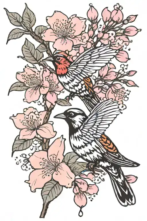 Cherry Blossoms With Monarch And Cardinal Bird Flying