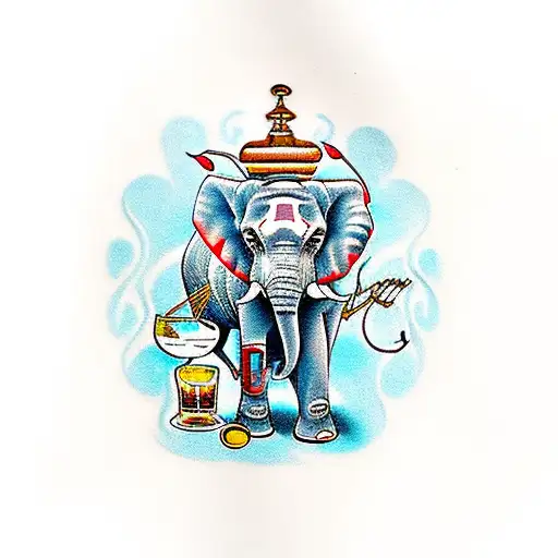 A Traditional Style Tattoo Of An Elephant Surrounded By Musical Notes And Whiskey Glasses