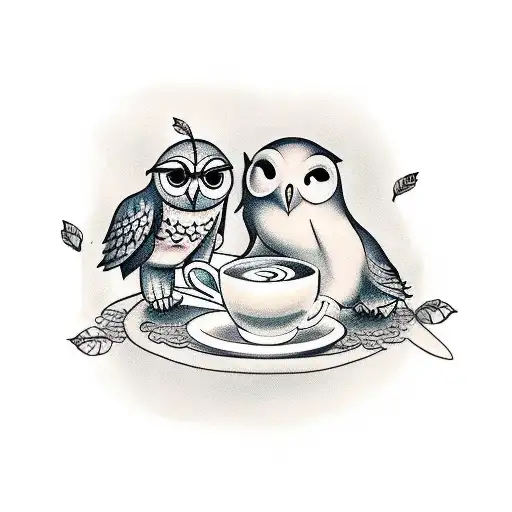 A Whimsical Scene Of A Turtle And Owl Having Coffee And Tea