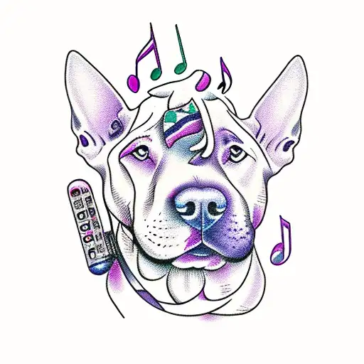 Traditional Style Tattoo Of A Purple Bull Terrier Surrounded By Music Notes