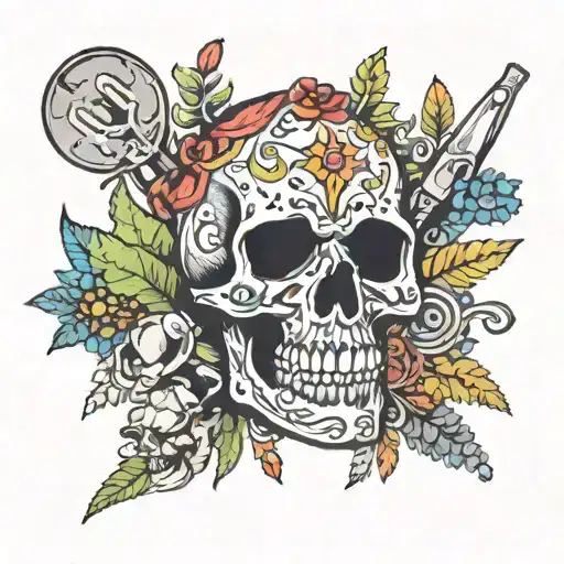 A Skull Adorned With Cooking Utensils And Surrounded By Vibrant Nature Elements