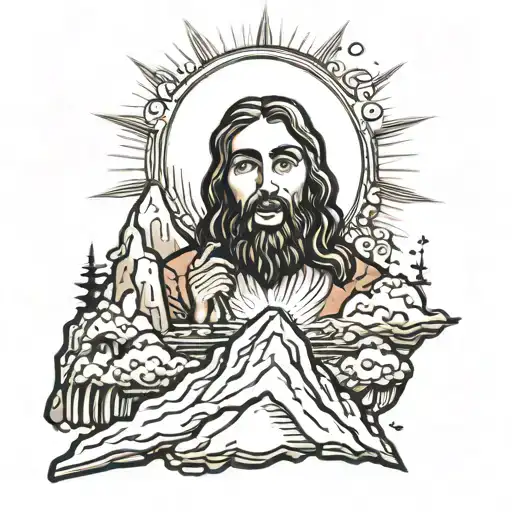 A Mountian With Jesus Christ Popping Out Of The Middle