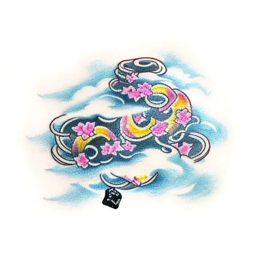 Sleeve Tattoo Black Clouds With Money And Roman Numerals And Cherry Blossoms Coloured