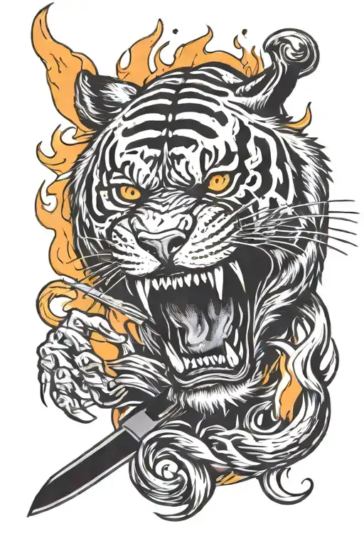A Flaming Tiger Skull Stabbed With A Knife Piercing