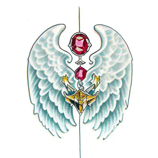 A Ruby Gemstone With Angel Wings And A Ribbon