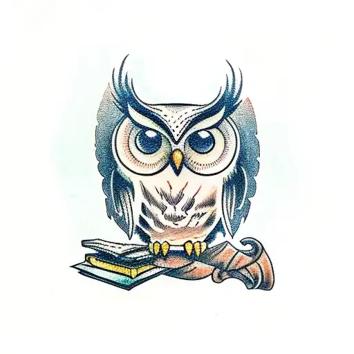 Owl Perched On A Stack Of Books With A Quill Pen And Ink Bottle