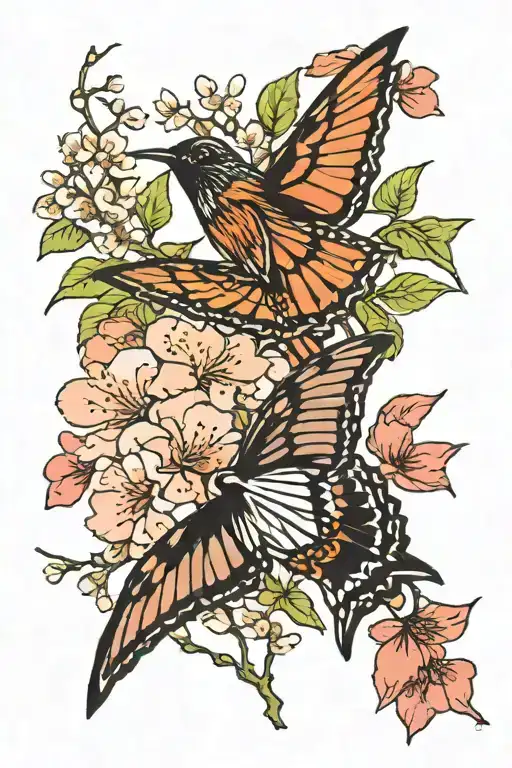 Cherry Blossoms With Monarch And Cardinal Bird Flying