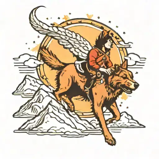 Austrailian Shepard Flying To The Moon Surrounded Near Mountains