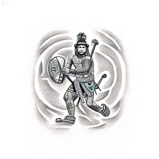 Create A Dotwork Tattoo Featuring A Rapa Nui Warrior Surrounded By Archaeological Artifacts