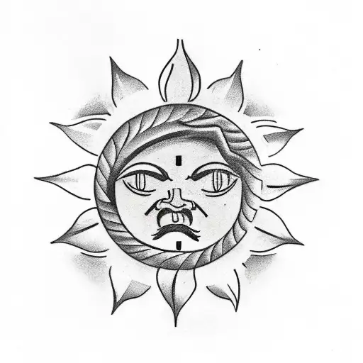 A Traditional Tattoo Design Depicting A God Holding A Sun With Occult Symbols Surrounding Them