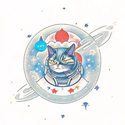 A Space-themed Tattoo Featuring A Samurai Cat Exploring The Galaxy
