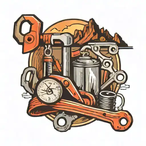 A Traditional Style Tattoo Of A Mechanic's Tools Forming A Mountain Range In The Background