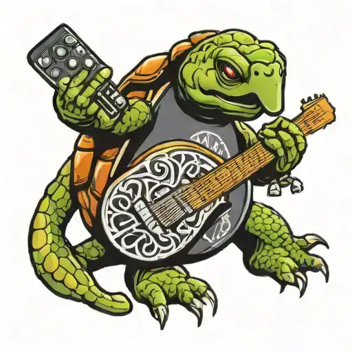 A Tortoise Wearing A Heavy Metal Band T-shirt Playing A Guitar Hero Game