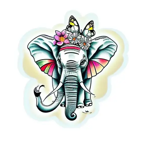 Elephant With Butterflies And Flowers
