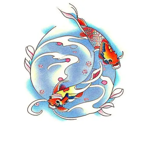 A Traditional Tattoo Of A Japanese Koi Fish Swimming Among Cherry Blossom Trees