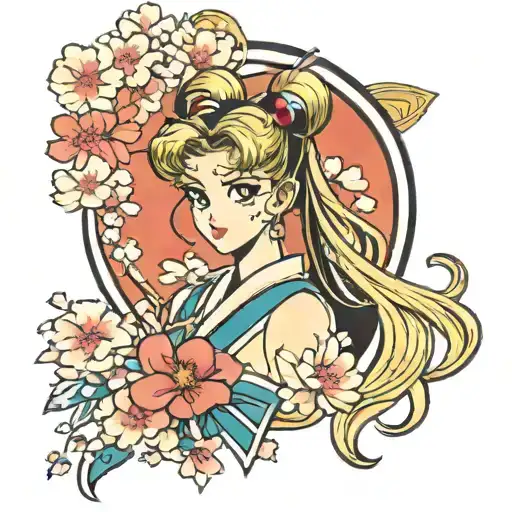 Sailor Moon In A Traditional Japanese Kimono With Cherry Blossom Petals Floating Around Her