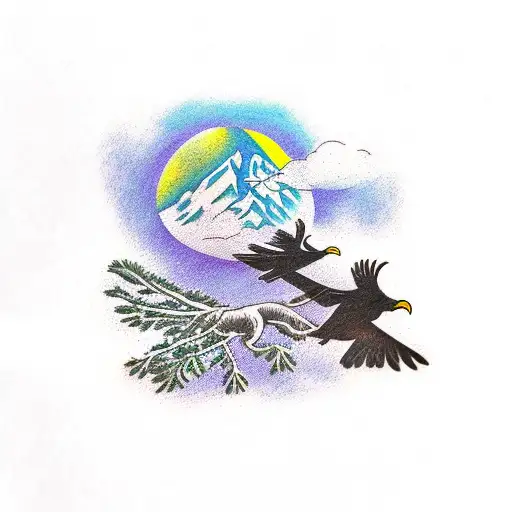 Sequoia Tree With Two Large Ravens Flying Above