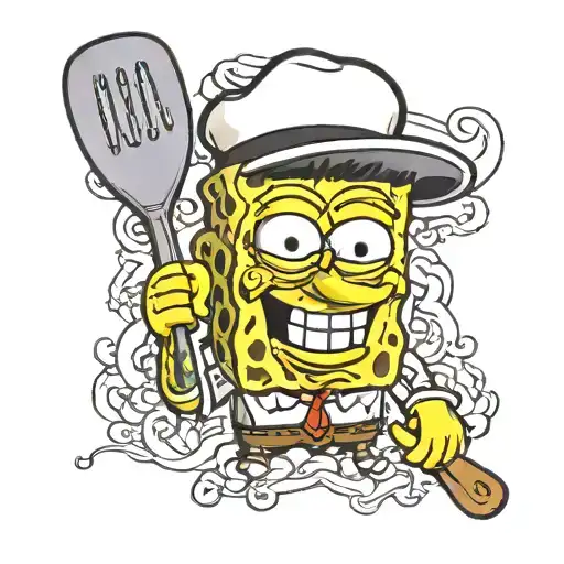 A Realistic Portrait Of Spongebob Holding A Spatula With A Traditional Background