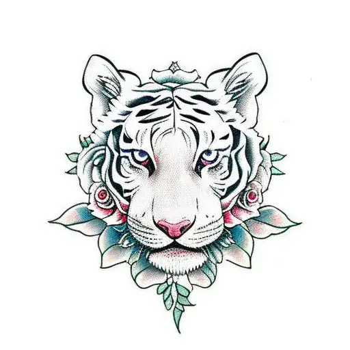A Full Body White Tiger With Roses