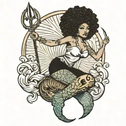Mixed Girl With Afro As A Mermaid Holding A Trident