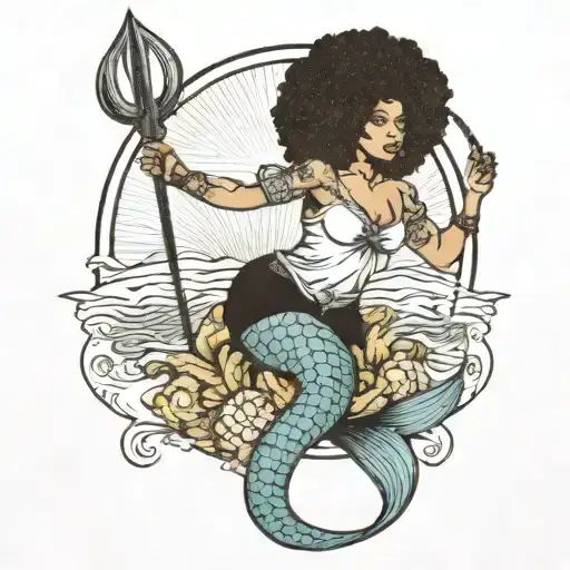 Mixed Girl With Afro As A Mermaid Holding A Trident