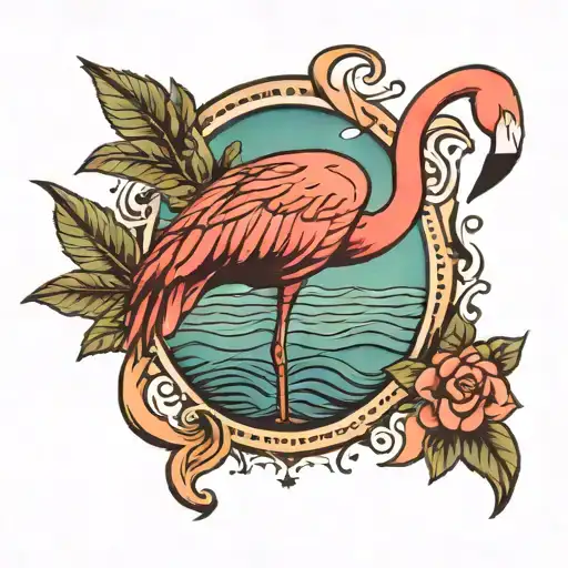 A Traditional Style Tattoo Of A Flamingo Standing Gracefully In Water